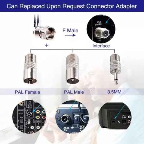 merkloos 7-delige telescopische DAB-radioantenne FM-antenne voor binnengebruik 75 Ohm F-type mannelijke stekker met 3 adapters voor tafelradio, hifi-, AV- en stereo-ontvanger, mini-systeem (8785322946268)