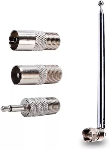 merkloos 7-delige telescopische DAB-radioantenne FM-antenne voor binnengebruik 75 Ohm F-type mannelijke stekker met 3 adapters voor tafelradio, hifi-, AV- en stereo-ontvanger, mini-systeem (8785322946268)