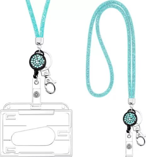 merkloos Kristallen Lanyard Ketting - ID-kaarthouder en Sleutelhanger - 1 Stuk - Blauw - met Strass (9503965769896)