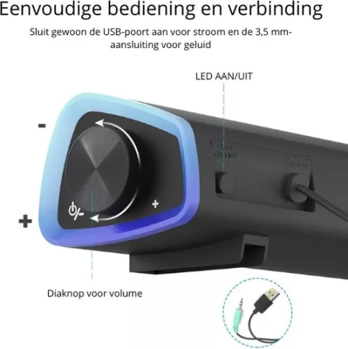 merkloos Mini Soundbar PC-luidspreker - Computerluidspreker - RGB-verlichting - Surround Sound - Grijs (8721022414126)