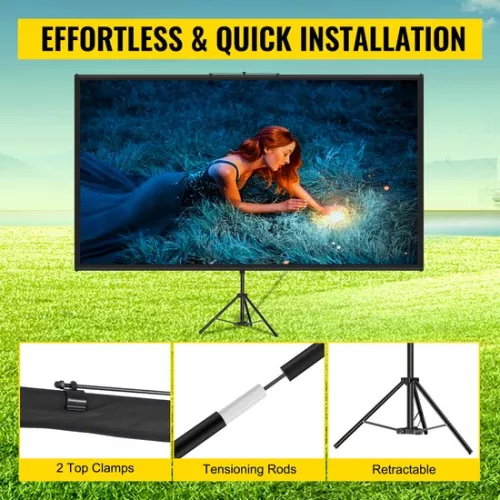 merkloos Draagbaar projectiescherm met standaard, 100 inch, 4K HD-resolutie, beeldverhouding 16:9, verstelbare hoogte, met polyester scherm en aluminium standaard (8721334168083)