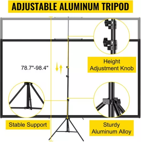 merkloos Draagbaar projectiescherm met standaard, 100 inch, 4K HD-resolutie, beeldverhouding 16:9, verstelbare hoogte, met polyester scherm en aluminium standaard (8721334168083)