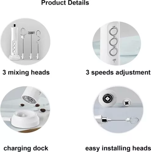 merkloos Melkschuimer met staafje - oplaadbaar, 3 garde, laadstation - voor koffie (6152324811801)