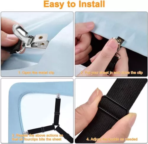 Merkloos Lakenhouders, 2 stuks verstelbare lange lakenhouders, stevige bedklemmen, grijpers en bretels voor alle vierkante matrassen, hoeslakens en vlakke lakens, zwart (6097654211290)