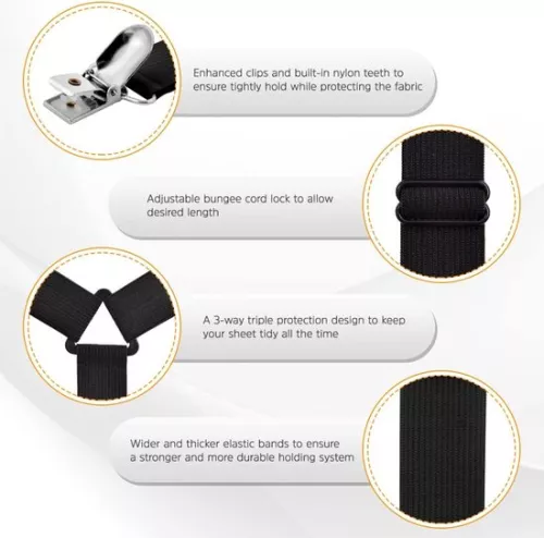 Merkloos Lakenhouders, 2 stuks verstelbare lange lakenhouders, stevige bedklemmen, grijpers en bretels voor alle vierkante matrassen, hoeslakens en vlakke lakens, zwart (6097654211290)