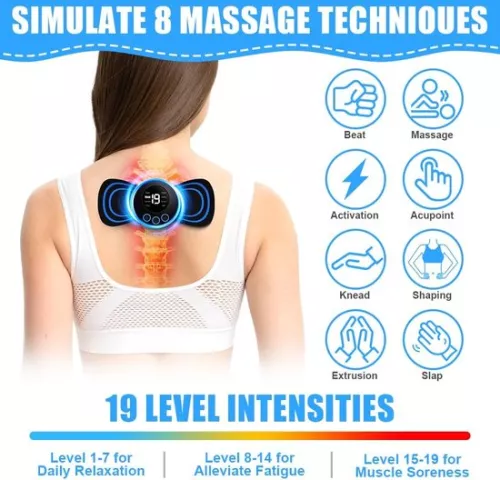 merkloos Mini nekmassager, draagbare massager, mini nekmassager, 8 standen, 19 posities, EMS-massager, draagbare elektrische mini-massage, 4 massagekussens (8721284431206)
