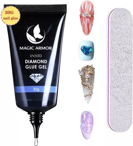 Nail Art Rhinestone Glue Gel 30g, extra sterke lijmgel voor nageltips en nagelversiering met strass steentjes, reliëf 3D-nagelstylingdecoratie, uitharding van de nagelversiering met strass steentjes vereist