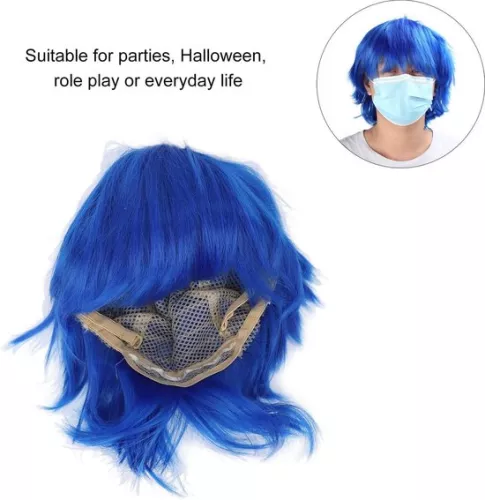 merkloos Korte, pluizige, blauwe anime cosplay-feestkostuum met synthetisch haar. (6151923685653)