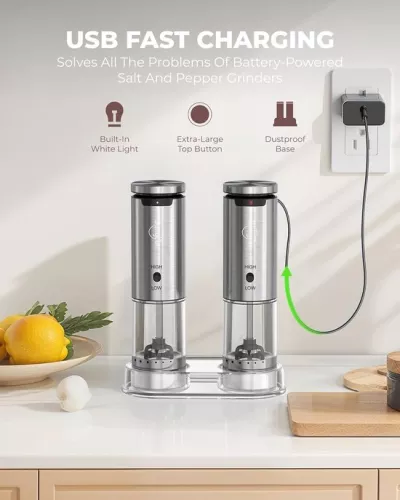 Merkloos Sangcon elektrische zout- en pepermolenset - USB oplaadbaar - roestvrij staal - set van 2 (6152404041005)