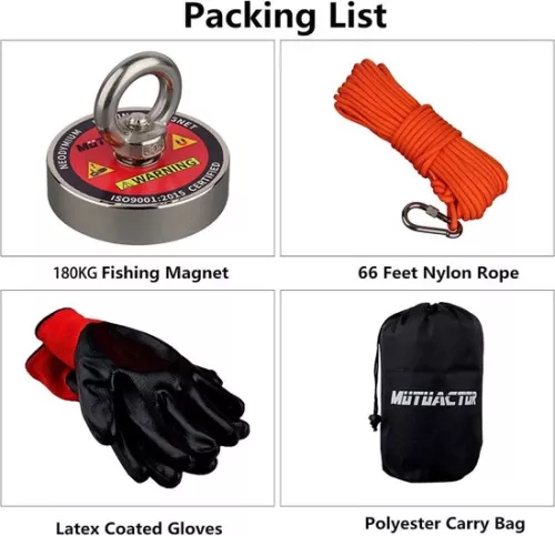 merkloos Neodymium vismagneet met een trekkracht van 180 kg, inclusief touw-, handschoen- en tasset voor beginners. Magnetisch vissen in de rivier. (8785301337070)