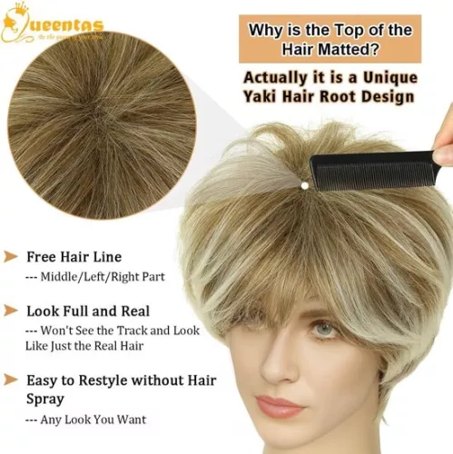 merkloos Gemengde blonde korte laag natuurhaar met pony synthetische pruik - hittebestendig - volledige pruiken voor vrouwen en meisjes Pruiken dames (8785300745197)