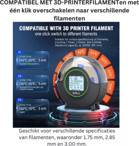 Jacer SUNLU S2 FDM 3D-printer filamentdroger, snel en gelijkmatig drogend, ingebouwde ventilator, 360° verwarming, 4,6-inch touchscreen, filamentdroger (8721098680647)
