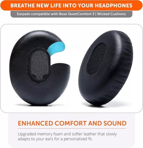 merkloos Vervangende oorkussens voor Bose QuietComfort 3 - Duurzaam leer - Zacht traagschuim - Extra dik - Compatibel met Bose QC3 On-Ear hoofdtelefoon - Zwart (8785304875401)