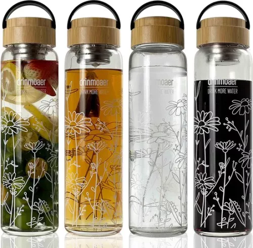 Drinmoaer 1 liter glazen drinkfles met bamboe deksel en sleeve voor losse thee, theefles met zeefje voor onderweg, glazen waterfles 1 l (bloem) (8998339533110)