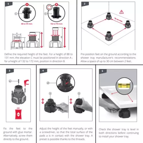 merkloos Set van 6 poten voor douchebak - zwart - stevige ondersteuning (9504117656156)