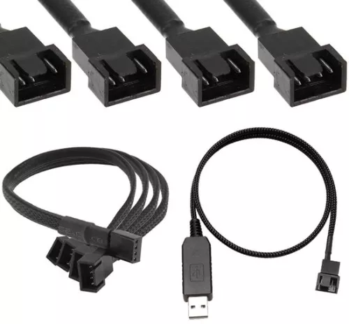 Aansluitkabel voor ventilator, pc, 12V step-up USB-stekker naar 4-pins mannelijk met 3 x 3-pins aansluiting en voeding, 55 cm (12 inch)