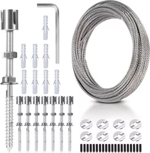 Klimsteun van roestvrij staal voor klimplanten, professioneel systeem van 12 meter als complete set met muurbeugels en 3 mm staalkabel.