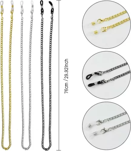 merkloos 3-delige brillenketting - Zonnebrilketting, brillenketting, antislip metalen leesbrillenketting, brillenband voor mannen en vrouwen, sportief (zilver, goud, zwart, 76 cm lang) (8785322872574)