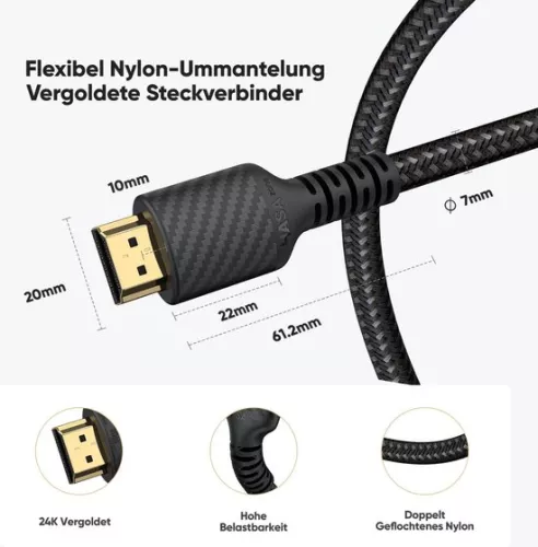 merkloos 10K 8K HDMI 2.1 kabel - 3M lengte - 48Gbps - Ultra High Speed - officieel gecertificeerd - 8K @60Hz - 4K @120Hz - 144Hz - HDCP 2.2 & 2.3 - 4:4 - eARC - HDR10 - HDMI-kabel - nylon gevlochten - met testrapport . (8785309353805)