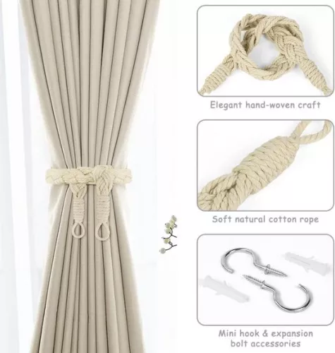 merkloos Set van 2 gordijnbanden - 60 cm gordijnkoord met gesp - handgeweven gordijnbanden - gedraaide gordijnbanden - met haken - geschikt voor thuis, kantoor, woonkamer en slaapkamer (8410900123730)