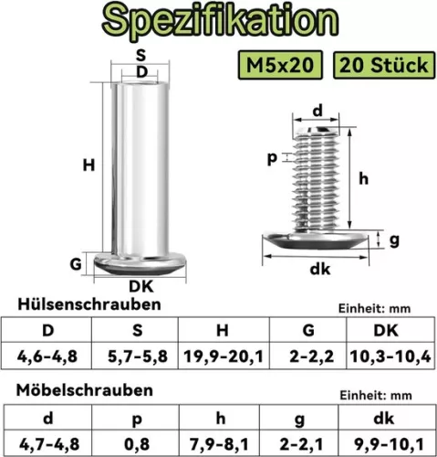 merkloos Verbindingsschroeven M5 x 20 mm - Roestvrij staal - 20 stuks (9508612515420)