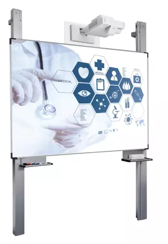 WhiteboardMatch Projectiebord emailstaal mat wit (16:9), Extraflat profiel, enkelvlaks voor pen projector (o.a. Epson 1480Fi en 725Wi), hoogteverstelbaar, op kolommen (50341)