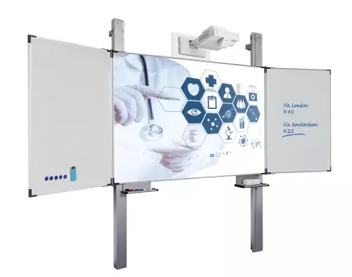 WhiteboardMatch Projectiebord emailstaal mat wit (16:9), Extraflat profiel, 5-vlaks voor pen projector (o.a. Epson 1480Fi en 725Wi), hoogteverstelbaar, op kolommen (50342)