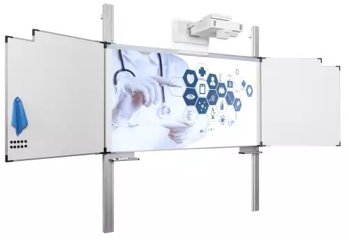 WhiteboardMatch Projectiebord emailstaal mat wit (16:9), Extraflat profiel, 5-vlaks voor touch projector (o.a. Epson 1485Fi en 735Fi), hoogteverstelbaar, op kolommen (50347)