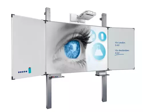 WhiteboardMatch Projectiebord emailstaal mat wit (16:10), Extraflat profiel, 5-vlaks voor pen projector (o.a. Epson 685Wi en 725Wi), hoogteverstelbaar, op kolommen (50353)