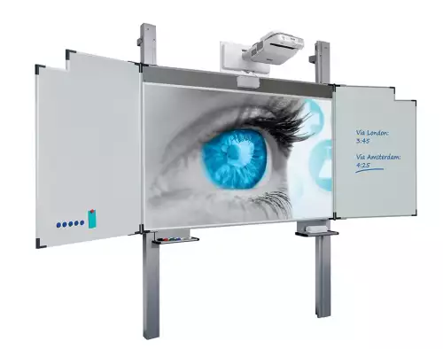 WhiteboardMatch Projectiebord emailstaal mat wit (16:10), Extraflat profiel, 5-vlaks voor touch projector (o.a. Epson 695Wi en 735Fi), hoogteverstelbaar, op kolommen (50360)