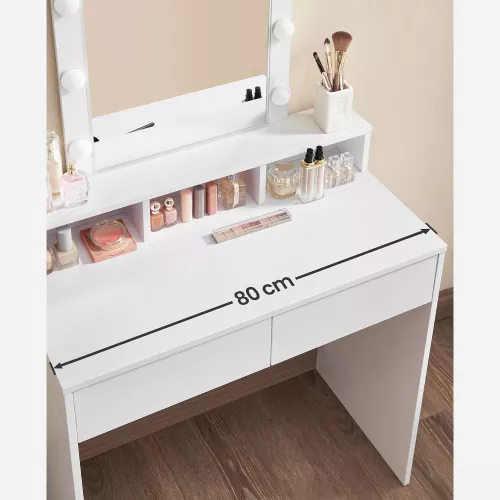 In And OutdoorMatch In And OutdoorMatch Kaptafel Ayla - met Spiegel en Lampen - Kaptafel - 2 Laden en 3 Open Compartimenten - Modern- Wit - 80x40x145cm (64150)