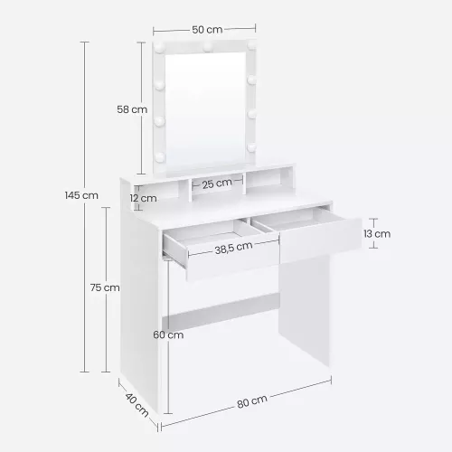 In And OutdoorMatch In And OutdoorMatch Kaptafel Ayla - met Spiegel en Lampen - Kaptafel - 2 Laden en 3 Open Compartimenten - Modern- Wit - 80x40x145cm (64150)