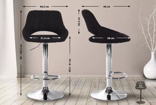 In And OutdoorMatch In And OutdoorMatch Barkruk Hipo Zwart chroom Lorenz - Stof - Zithoogte 60-81cm - Ergonomische barstoelen - In hoogte verstelbaar - Set van 1 - Met rugleuning - Voor keuken en bar (66247)