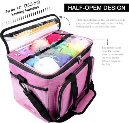 Merkloos Wol opbergzak, breizak voor het opbergen van garen voor breien, haken, strengen garen, breinaalden (tot 35,5 cm) (paars) (7595980206472)