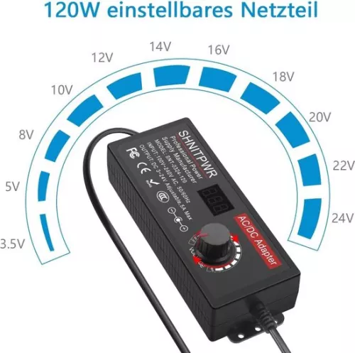 merkloos Universele voeding 3V ~ 24V 120W 5A - Schakeladapter met adapterstekker - Elektronische apparaten, fotolijstjes, babyfoons, camera's, LED-strips - maximaal 5000 mA (9504537515668)